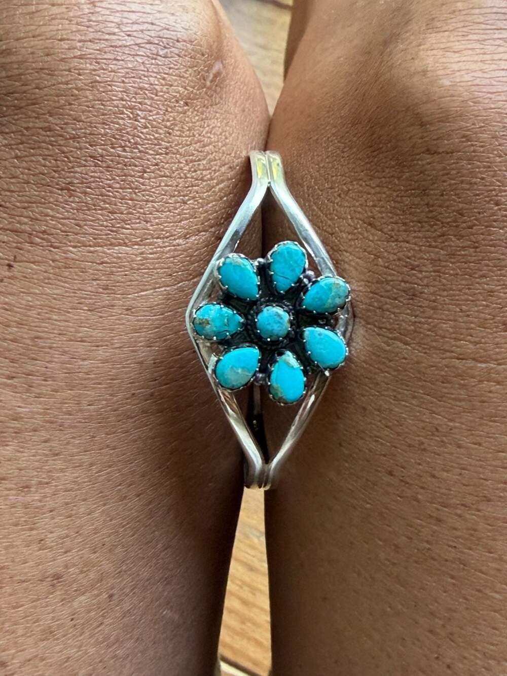 Southwestern Sterling Silver Turquoise Flower Cluster Cuff Bracelet